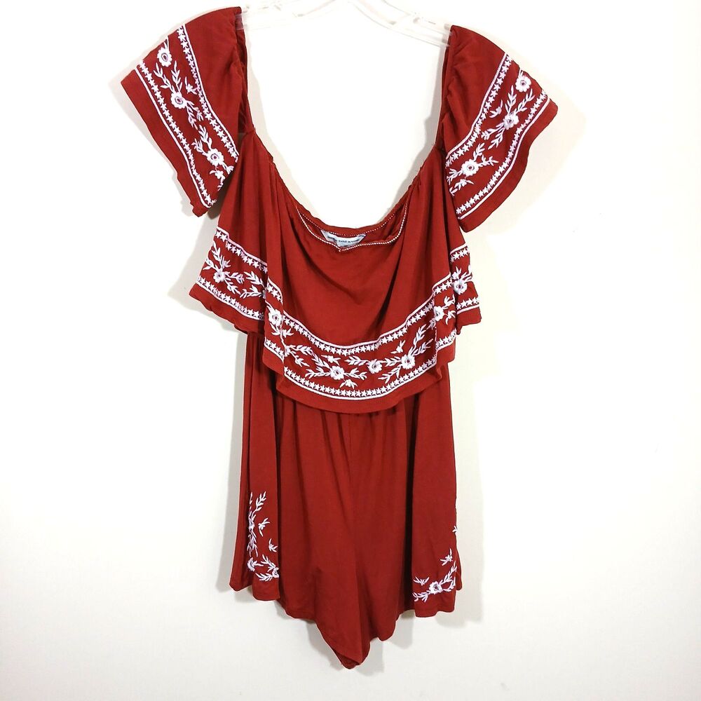 American Eagle Burgundy Romper Off the Shoulder Embroidery - Picture 2 of 9